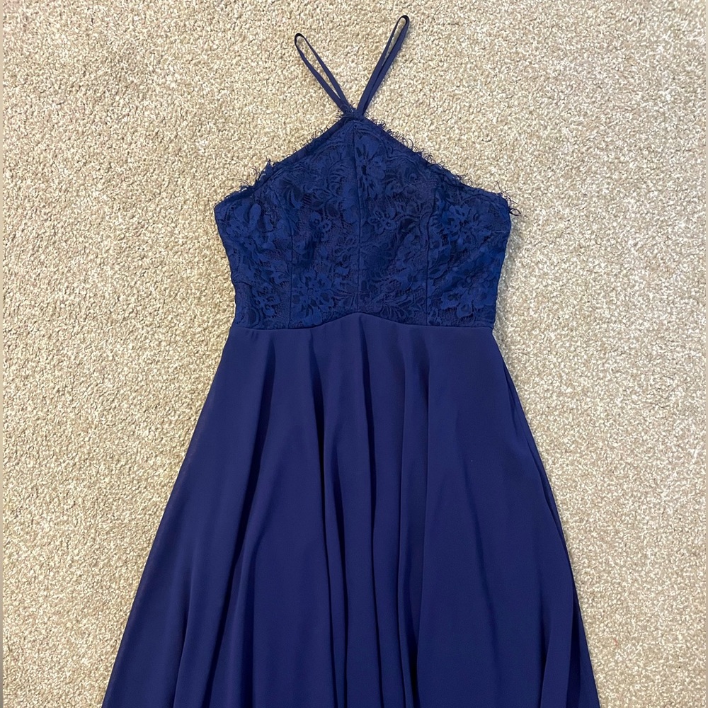 LuLu’s long navy dress. Flowy bottom. Lace top with v halter straps. Size M.